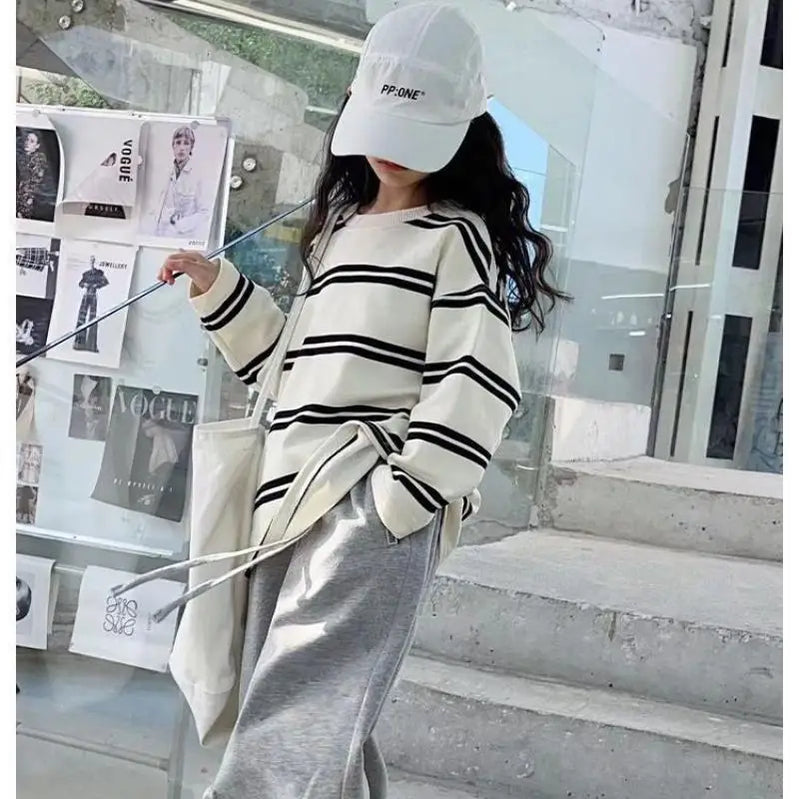 Korea Style Simple Kids Clothes Girl 2Pcs Set Clothing Long Sleeve Striped+Loose Pant Outfits for Teen Girl 6 8 10 12 14Y