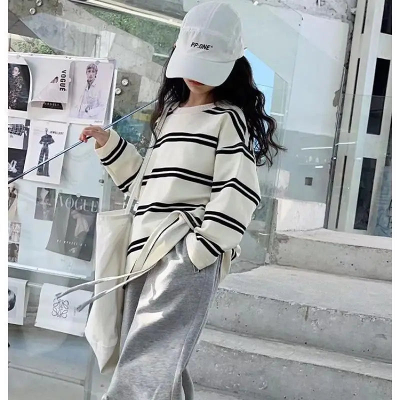 Korea Style Simple Kids Clothes Girl 2Pcs Set Clothing Long Sleeve Striped+Loose Pant Outfits for Teen Girl 6 8 10 12 14Y
