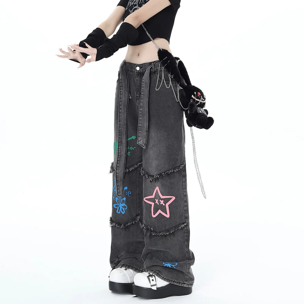 American Retro Graffiti Women's Jeans Autumn Winter Casual Star Jeans for Women Patchwork Women High Waist Y2K Pants with Belt Black