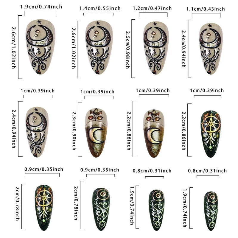 24pcs Mandala style False Nails Moon Flower Pattern Press on Nails European Retro Fake Nail Patch Women Lady Wearable Design
