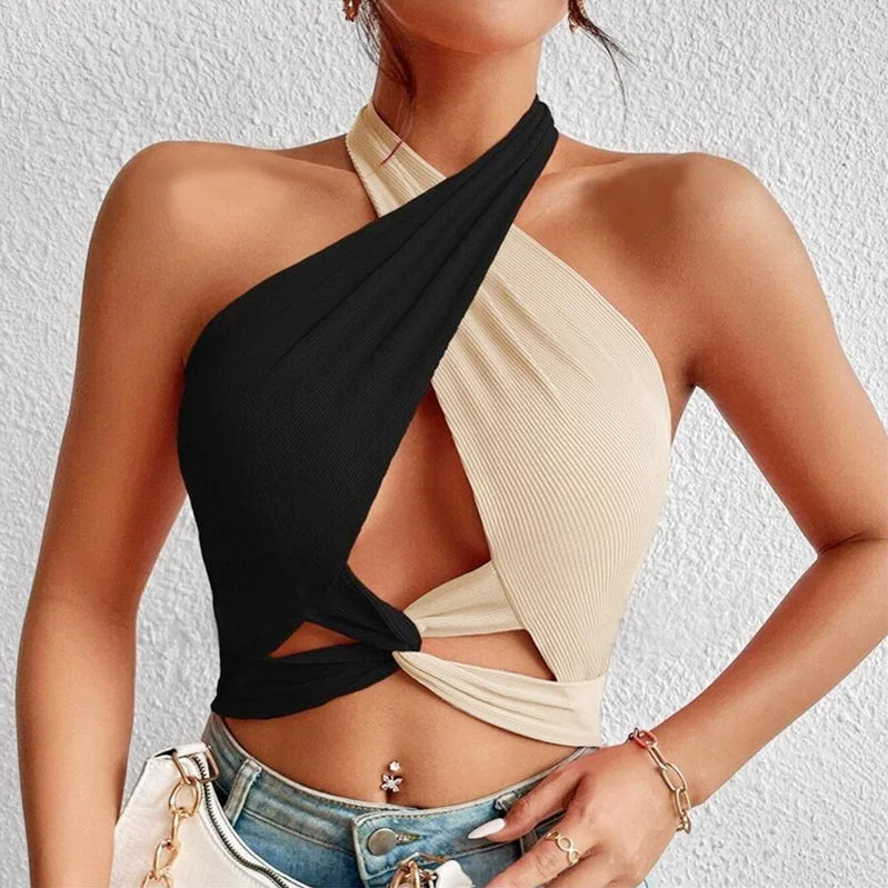 Women Summer Tank Tops Sexy Patchwork Cross Halter Neck Straps Hollow Crop Tops High Street Wear New Fashion