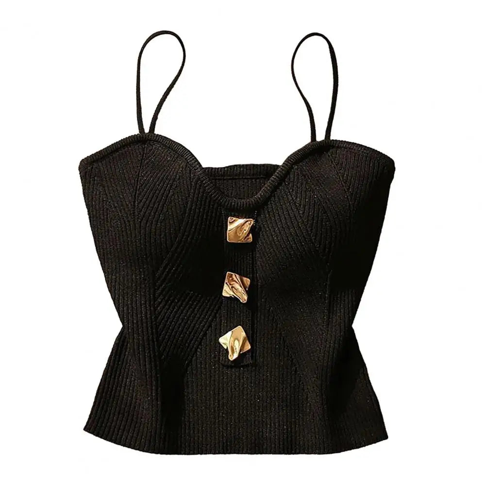 Women V-neck Sleeveless Top Elegant Knitted Spaghetti Strap Crop Top with Padded Backless Design V Neck Button Decor Women's Black One Size