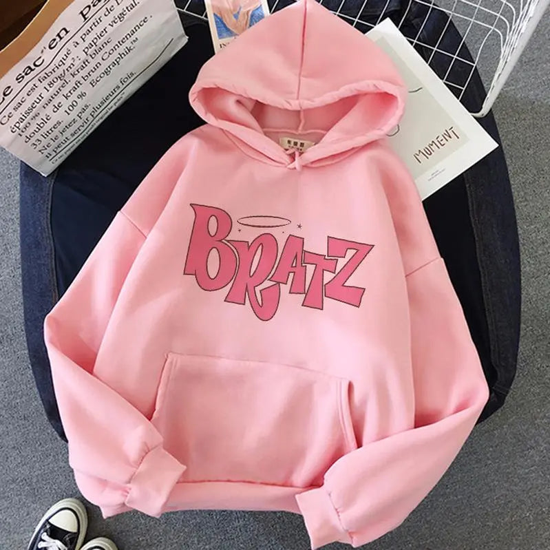 Bratz Letter Printed Plus Size Hooded Sweatshirt Men Women Hoodie Hip Hop Long Sleeve Streetwear Unisex Comfortable Clothes Tops Pink