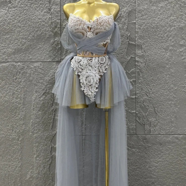 STOCK Women Sexy Strapless Laced-up Mesh 2 Pieces Long Maxi Dress Celebrate Evening Party Birthday Prom Outfit