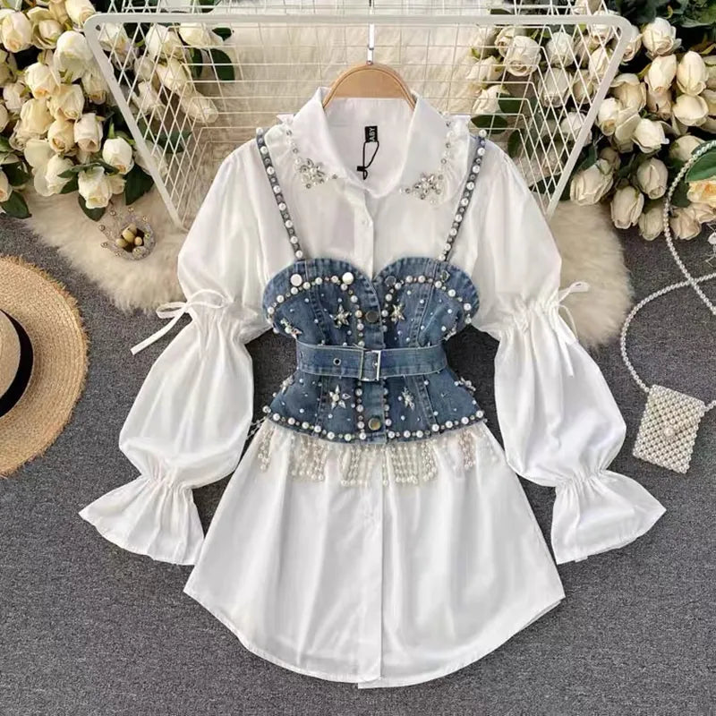 High-End White Shirt Dress Female Lapel Diamond Pearl Luxury Shirt Short Denim Vest Chic Two Piece Sets Female Fashion Photo Color 1