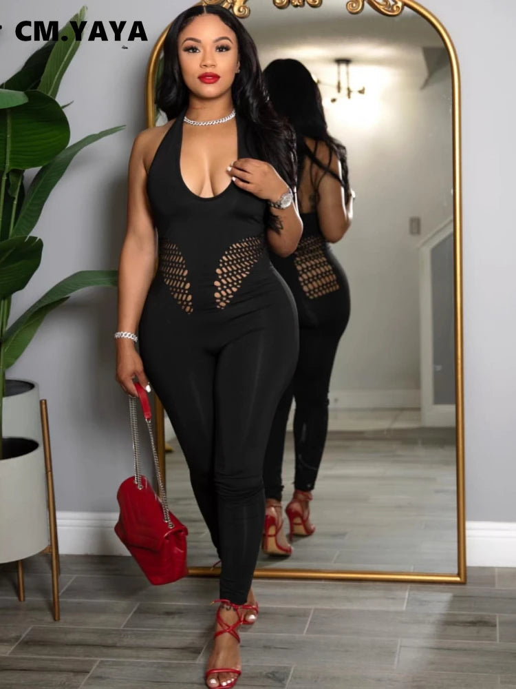 CM.YAYA Sleeveless Sexy Mesh Lace Hollow Out Women’s Jumpsuits 2025 summer v-Neck Night Club Party Pajamas One Piece Outfits