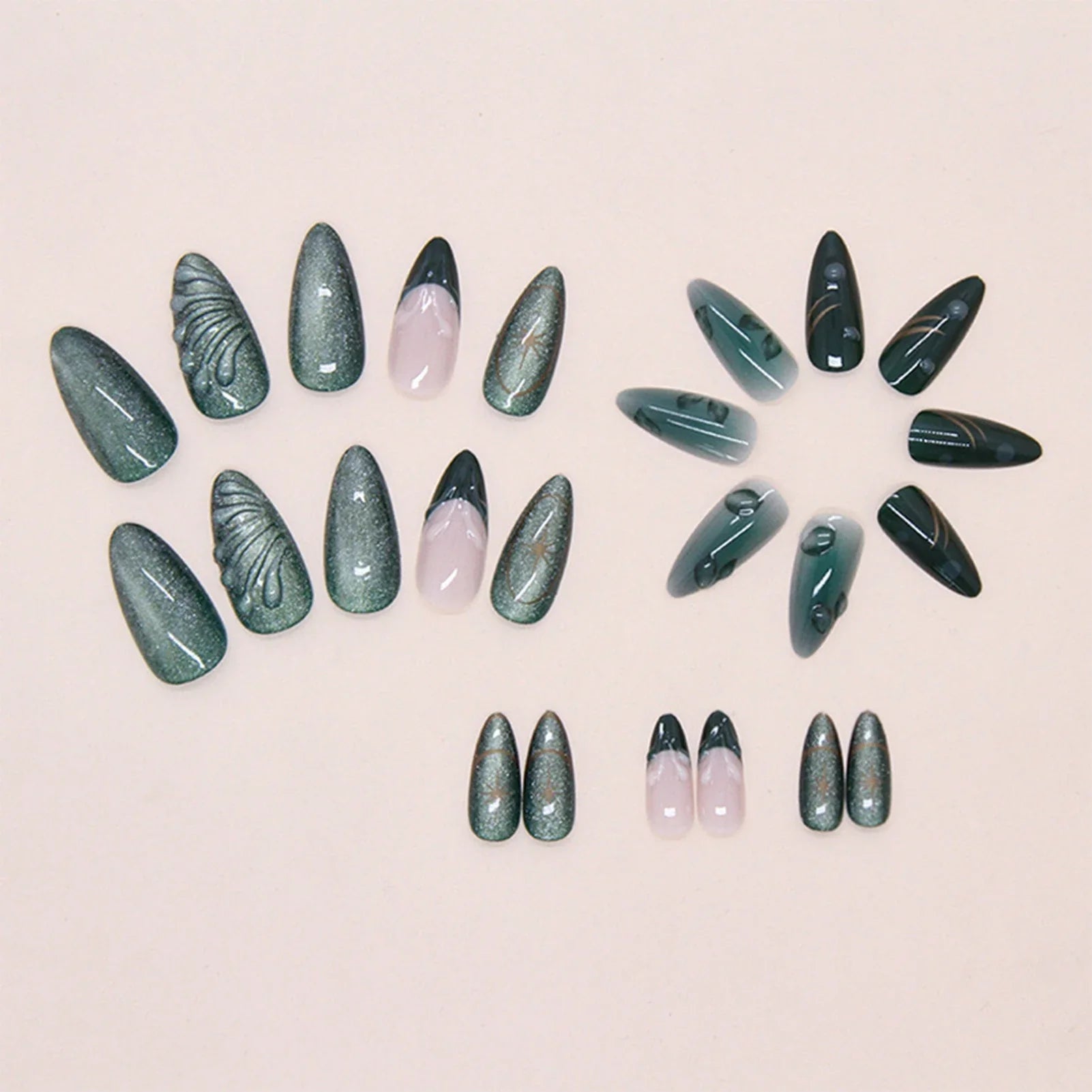 Glossy Green Fake Nails 24Pcs French Almond Press On Nails Fairy Star Printed Full Cover False Nails DIY Charm Manicure