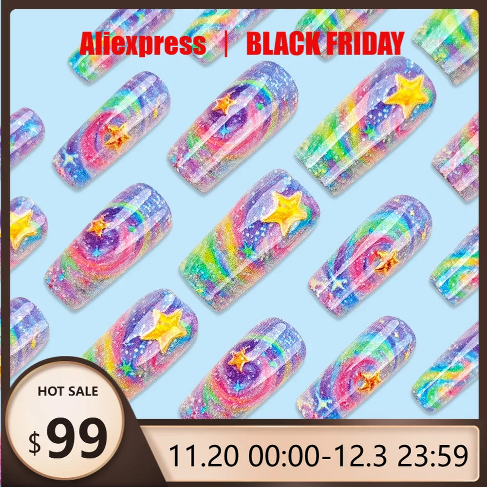24pcs Radiant Star Gradient Press on Nails Colorful Stars Simple Nails Full Cover Wearable False Nails