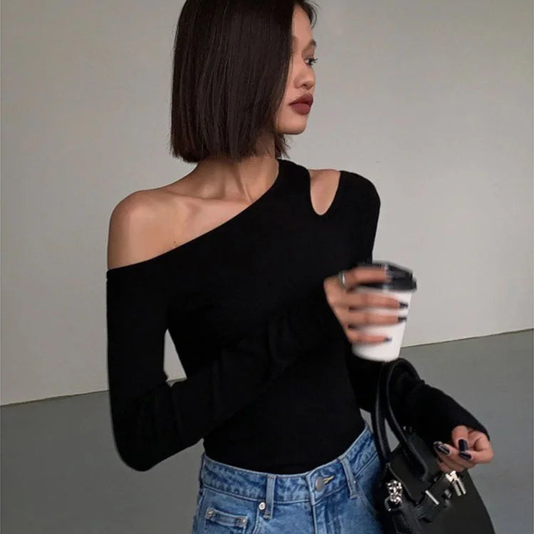 Fashion Skew Collar Off-shoulder Long-sleeved T-shirts Women Spring New Solid Slim Fit Crop Top Sexy Hollow Out Tees Shirts