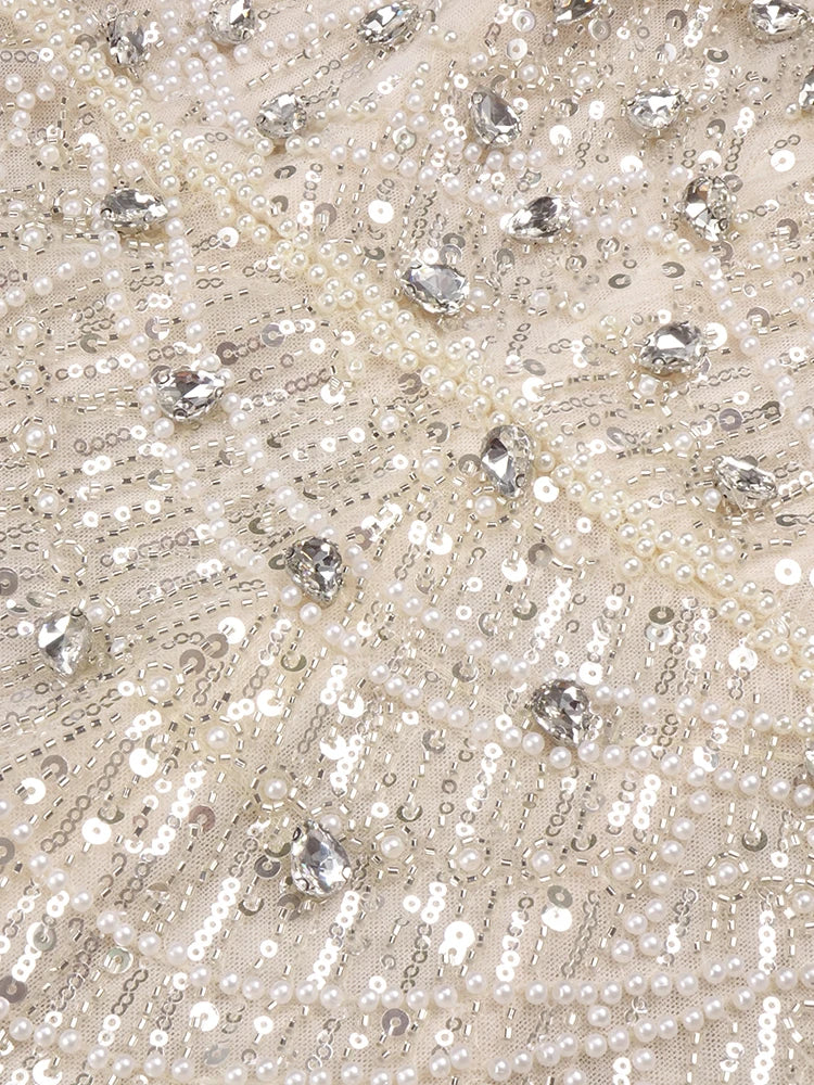 VC Nude Strapless Crystals Embellished Long Dress Sheath Low V Neck Sleeveless Feather High Side Slit Floor Length Evening  Gown