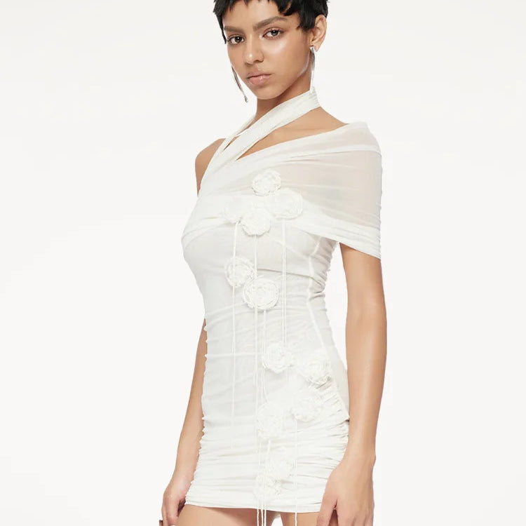 White Color Women Sexy Halter Florals Mesh See Through Bodycon Mini Dress Celebrate Fashion Nightlcub Party Outfit Wholesale