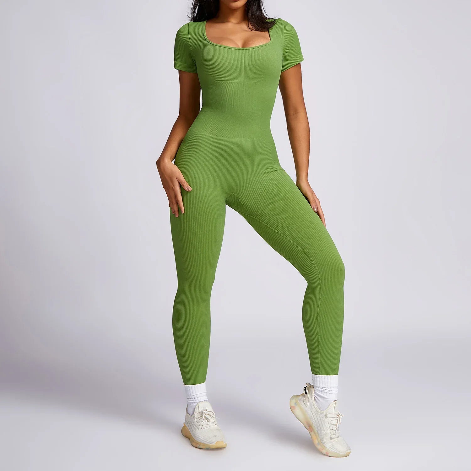 New Yoga Suits Fitness Outfit Female One-piece Jumpsuits Women Sporty Workout High-strength Thread Short-sleeved Fitness Suit green