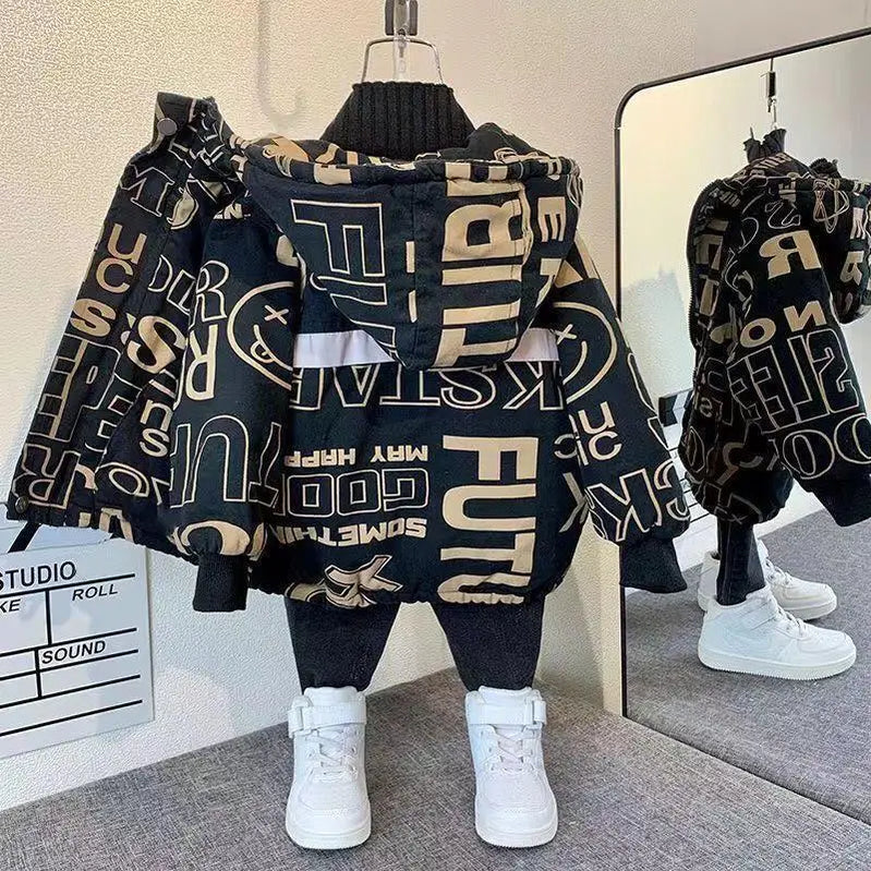 Boys' Winter Fleece Padded Coat Boys' Trendy Fashionable Cotton Coat Thickened Parka