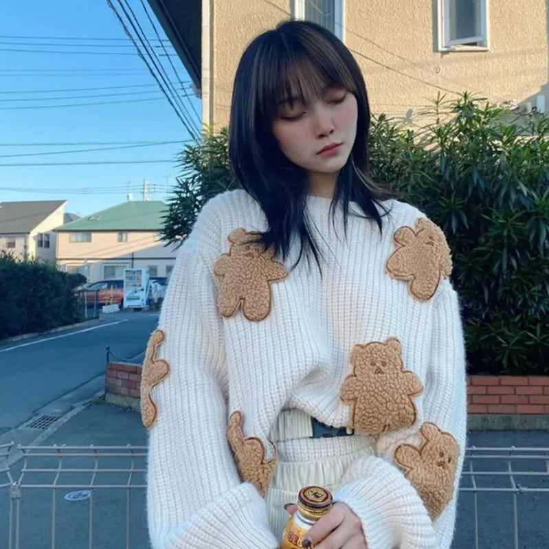 Sweet Cartoon Bear Sweater Women Cute Knitted Pullovers Japanese Harajuku Oversized Knitwears Korean Loose Casual Jumper Tops Beige