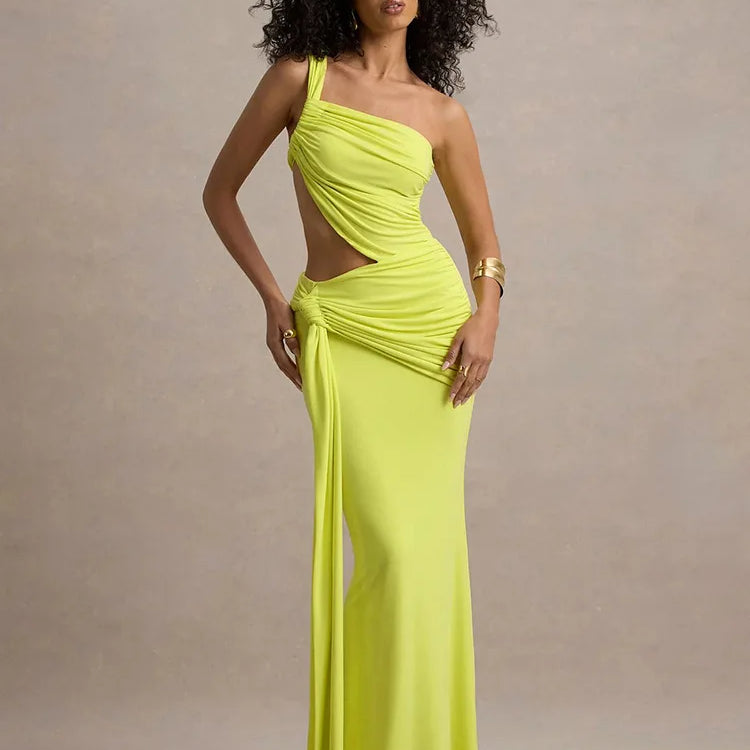Irregular Ruched Sexy Maxi Dress For Women Gown Hollow Out One Shoulder Sleevelessdraped Bodycon Club Party Long Dress