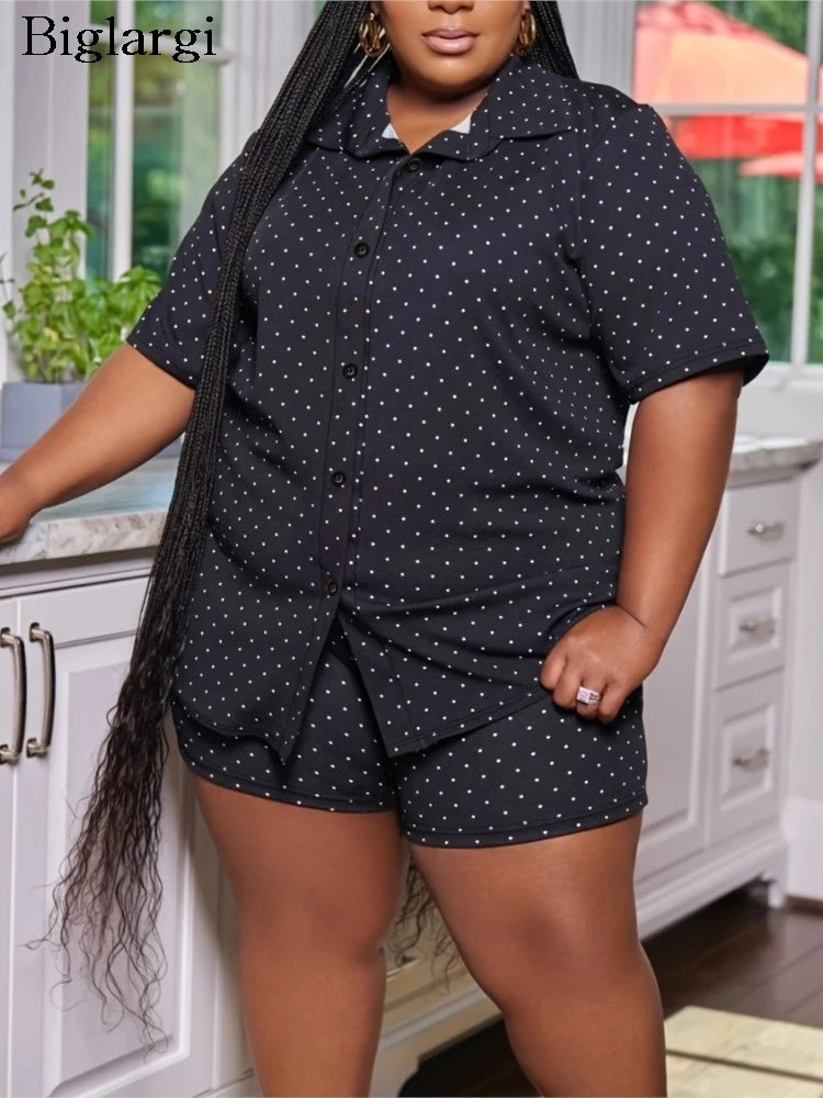 Plus Size Summer Polka Dot Print 2 Two Piece Set Women Casual Fashion Ladies Blouses High Waist Loose Woman Shorts