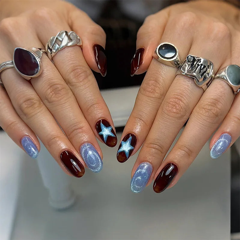 Glossy Gray Cat's Eyes False Nails Love Heart Printed Charms Press on Nails for Women and Girls Daily Party Fake Nails Tips