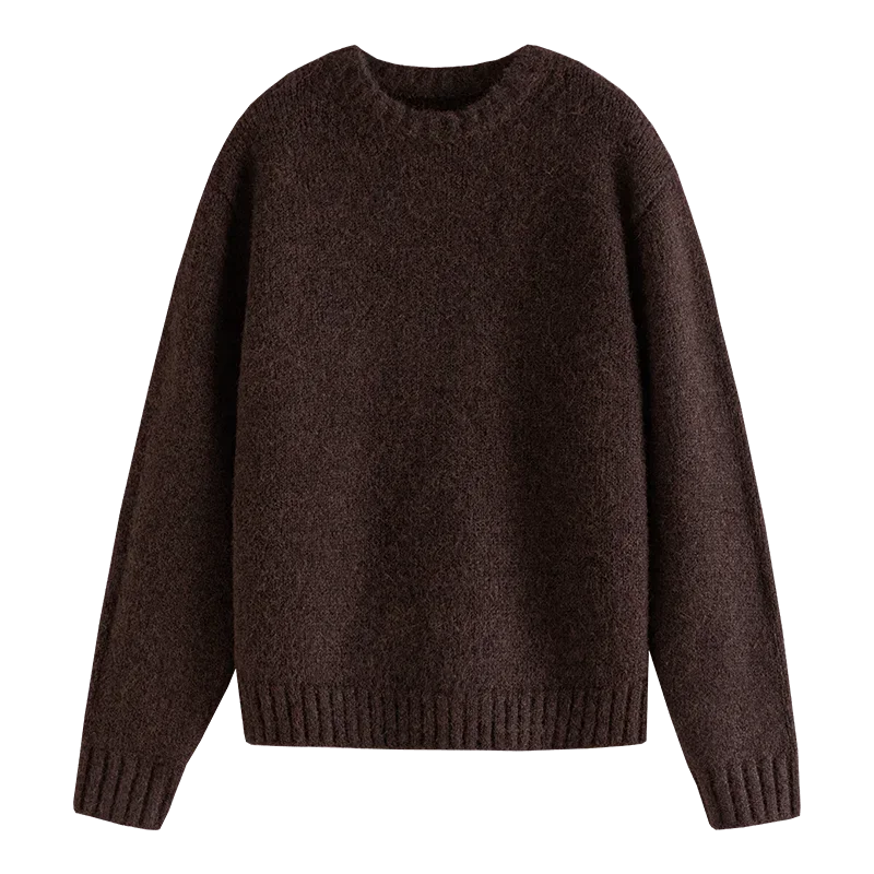 Warm Soft Waxy Round Neck Pullover Sweater for Women Winter All-match Loose Sweater Female Dark Brown