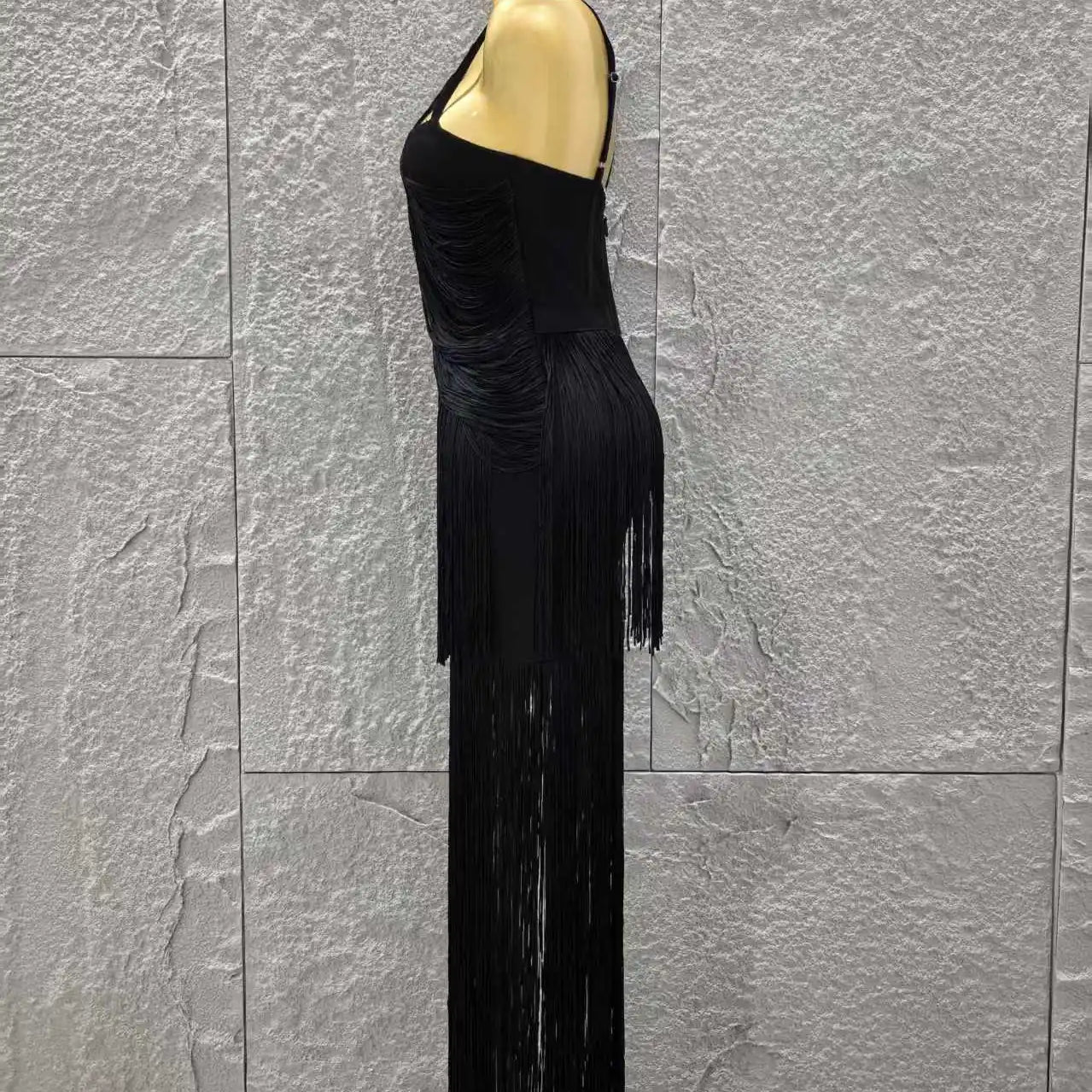 Vestido longo preto sem mangas feminino, sexy, com decote em V, com borlas, justo, bandagem, para festa noturna, coquetel