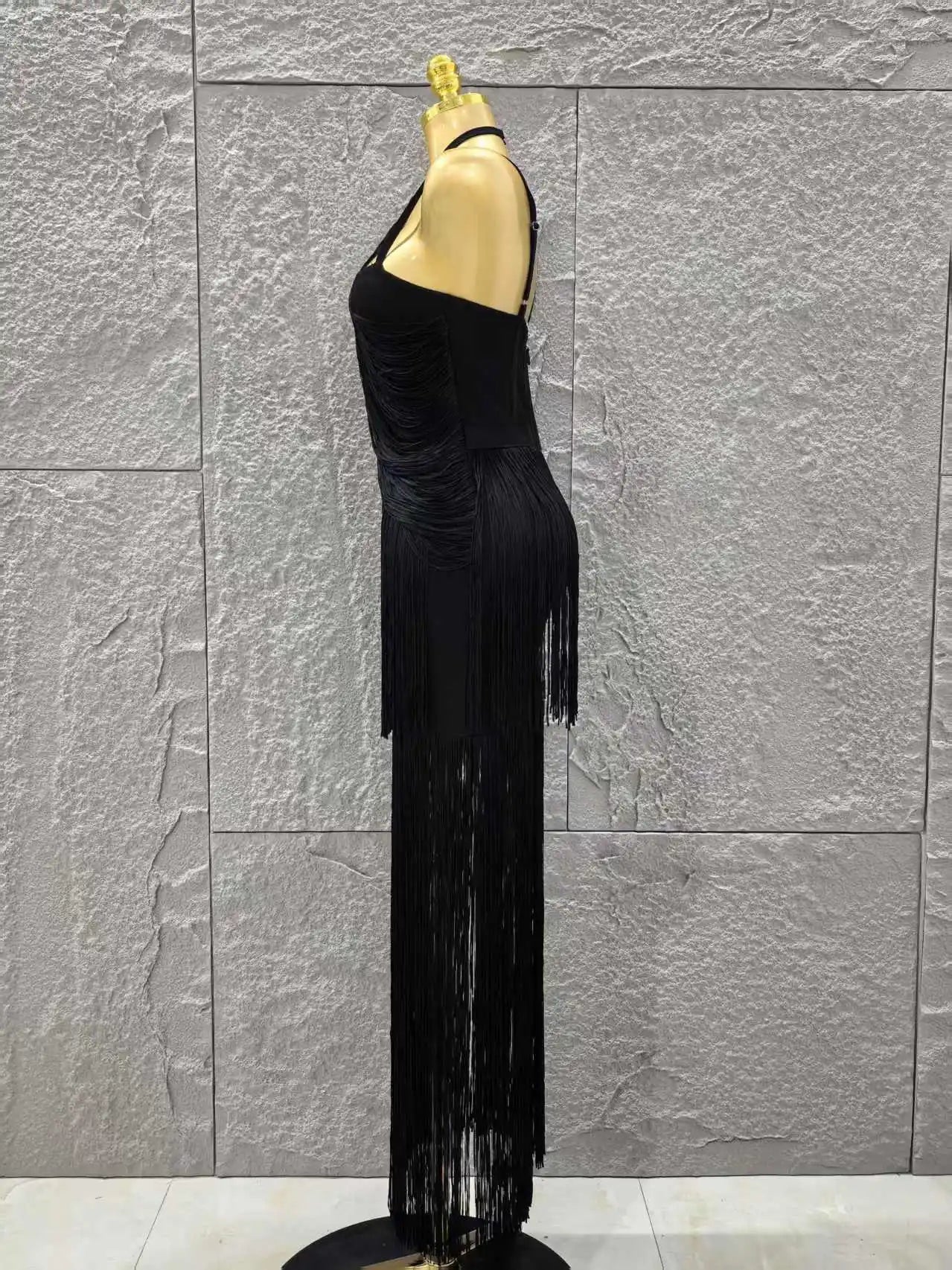 Vestido longo preto sem mangas feminino, sexy, com decote em V, com borlas, justo, bandagem, para festa noturna, coquetel