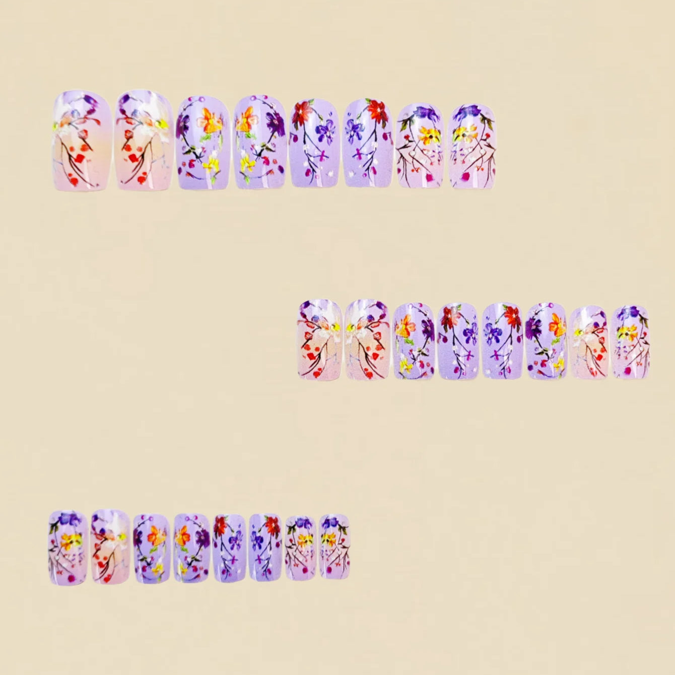 Medium and long square-shaped European manicure, fashionable manicure for New Year and spring and summer, purple gradient flower