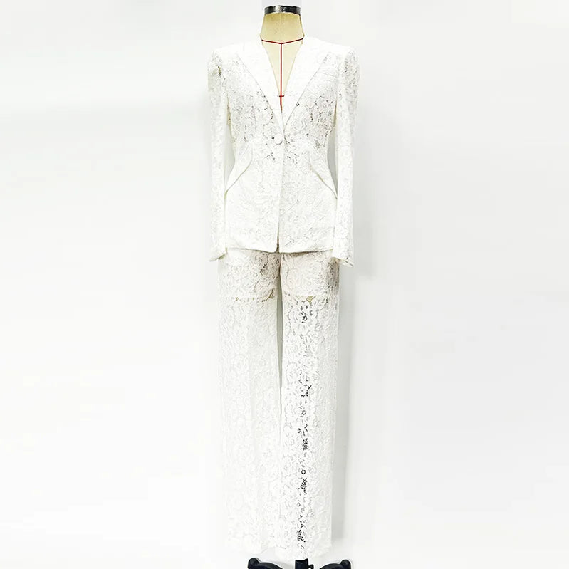 TWOTWINSTYLE Solid Sheer Spliced Lace Two Piece Sets for Women Lapel Long Sleeves Patchwork Button Top Pant Elegant Set Female