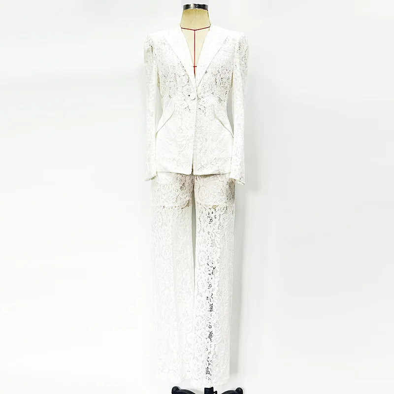 TWOTWINSTYLE Solid Sheer Spliced Lace Two Piece Sets for Women Lapel Long Sleeves Patchwork Button Top Pant Elegant Set Female