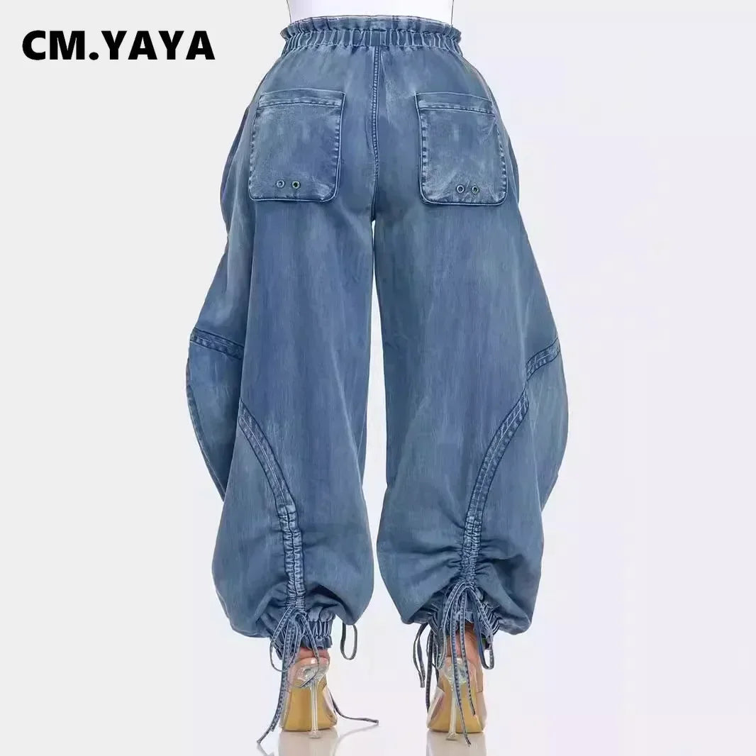 CM.YAYA Women Streetwear Drawstring Fashion Fly Denim Pants 2024 Autumn Loose Safari Style Cargo Harem Hip Hop Jeans
