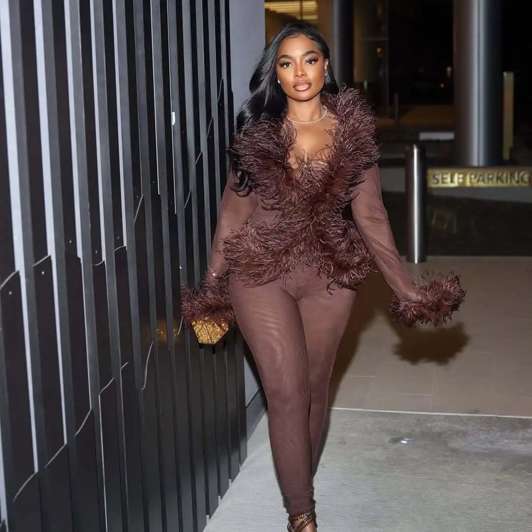 CM.YAYA Fashion Mesh See Though Women's Set Feather Side Long Sleeve Crop Top and Legging Pants 2025 Sexy Two 2Piece Sets Outfit