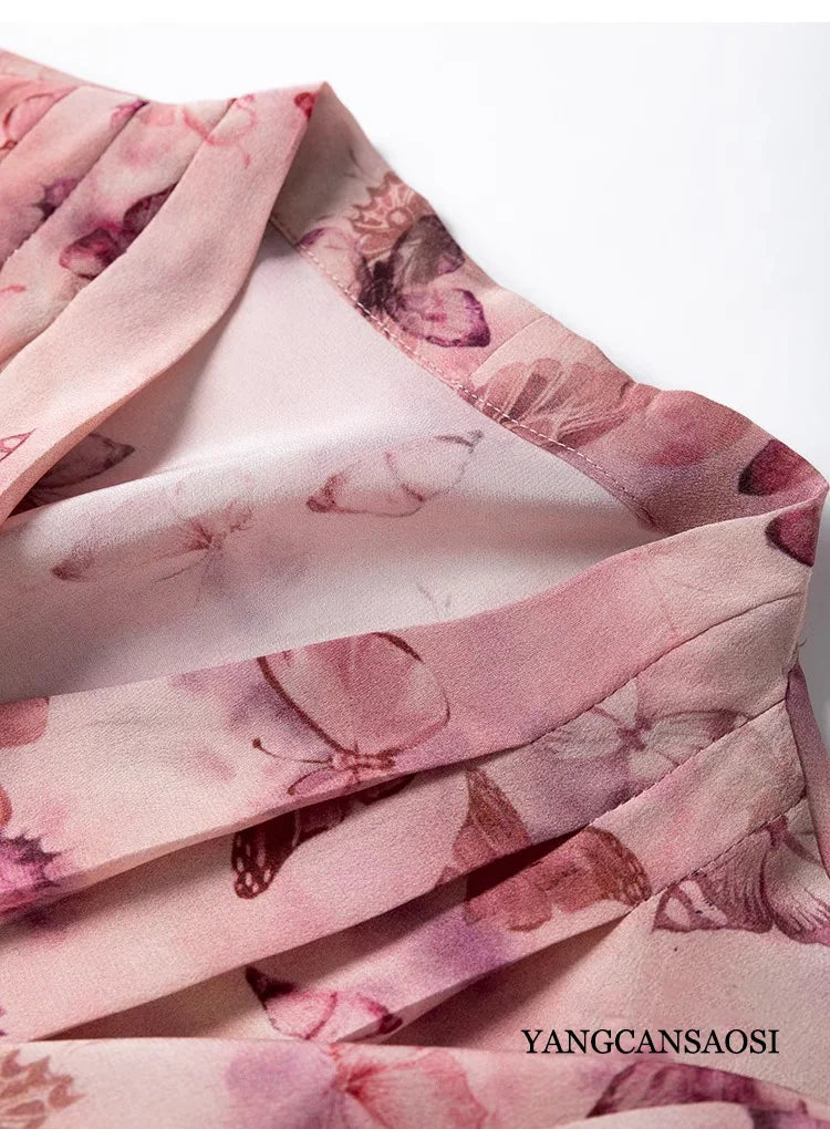 French Artistic Pink Purple Butterfly Printing 1.2-meter Extended Large Skirt Hem 100% Natural Mulberry Silk Women's Dress