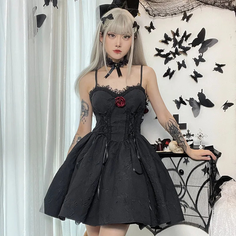 Goth Dark Tie Up Mall Gothic Elegant Women Dresses Grunge Aesthetic Jacquard A-Line Dress Emo Lace Trim Black Party Alt Clothes