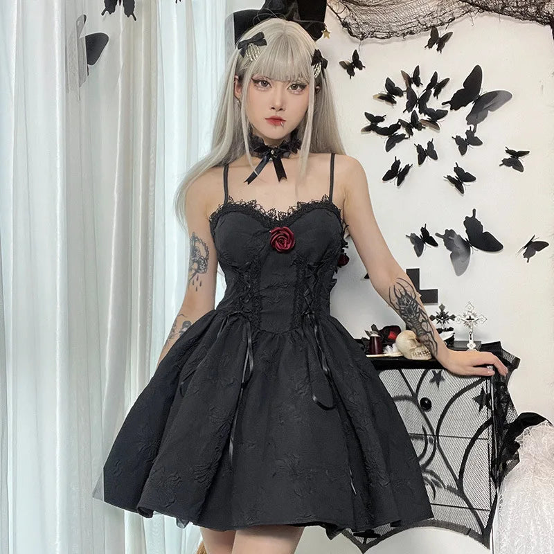 Goth Dark Tie Up Mall Gothic Elegant Women Dresses Grunge Aesthetic Jacquard A-Line Dress Emo Lace Trim Black Party Alt Clothes