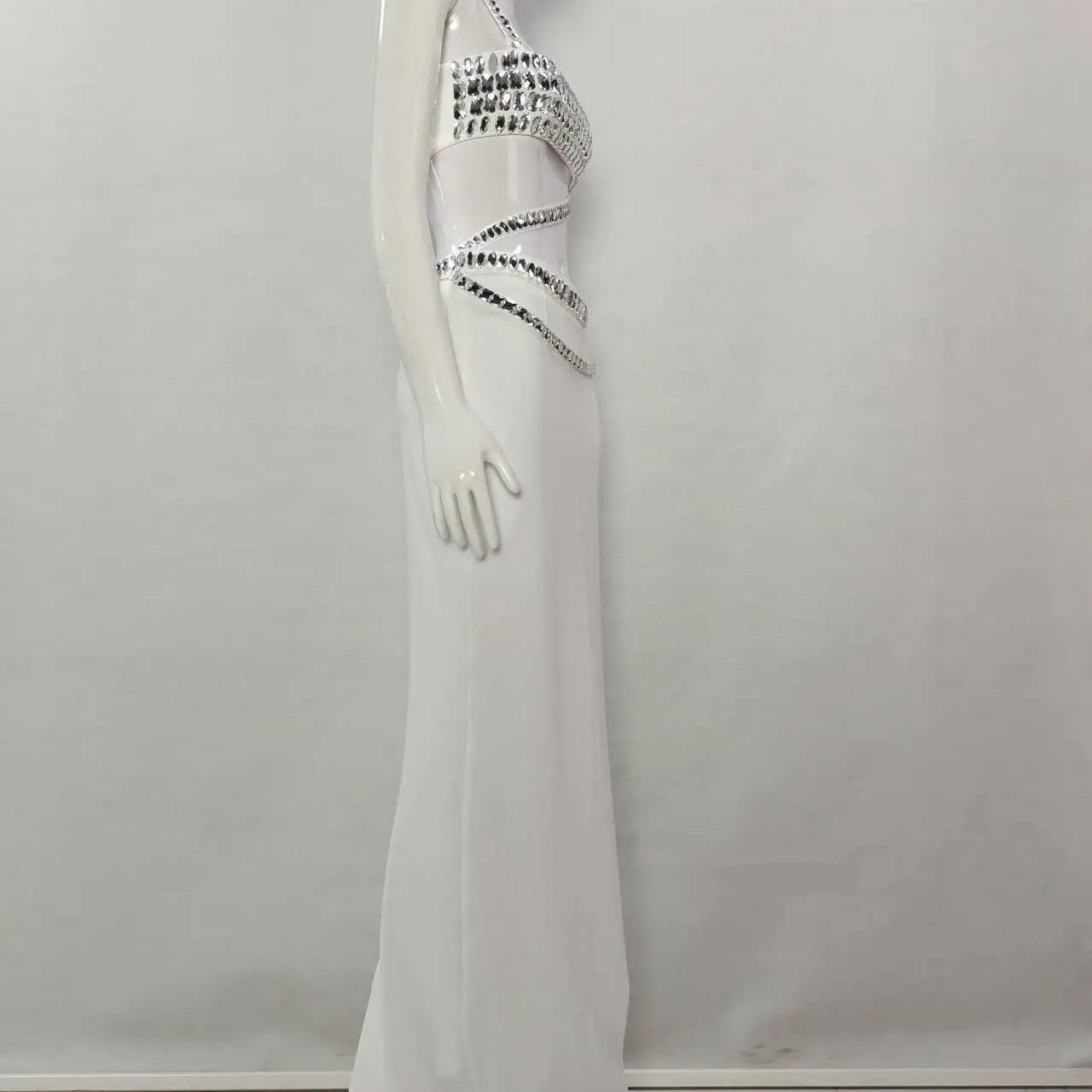 Shinning Big Crystal Women Sexy Strap Holes Bodycon Long Dress Fashion Celebrity Evening Party Red Carpet Dress Vestido