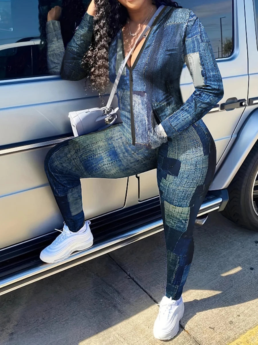 LW Plus Size Imitaton Denim Pocket Design Regular Fit Pants Set 2023 Women Autumn Winter Gradient Print Two Pieces Matching Sets