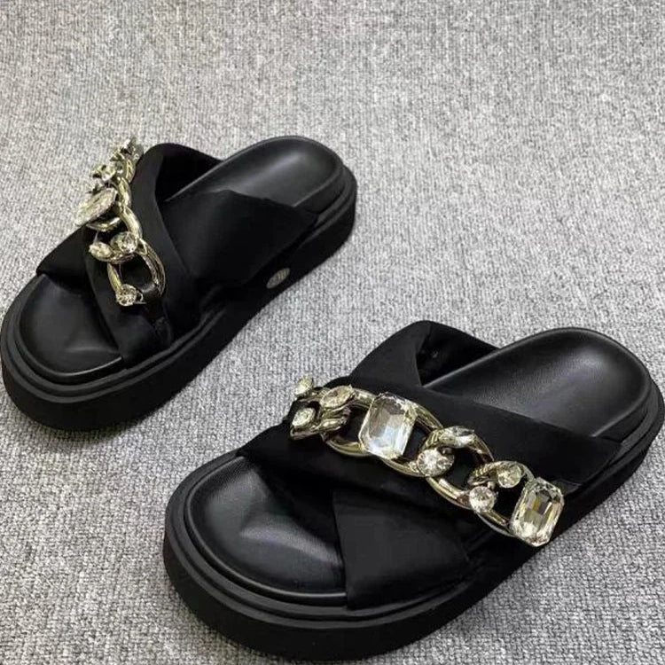 Women Crystal Slippers Chain Flats Platform Sandals Summer Ladies Casual Home Slides Women Beach Shoes Flip Flops Mujer