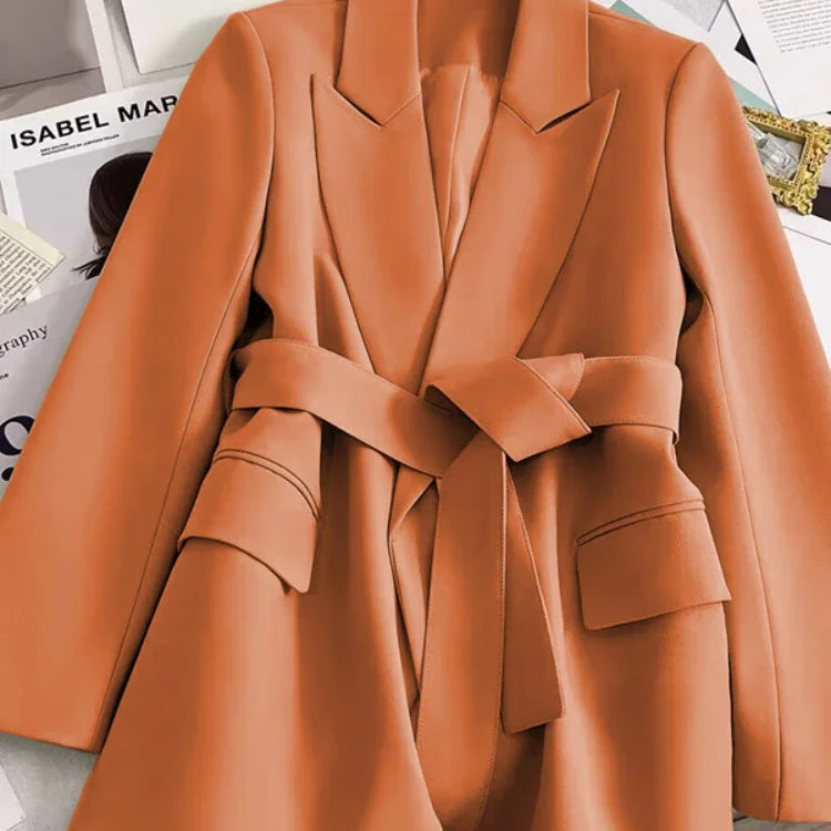Spring New in Women's Blazer Belt Slim Fitting Temperament Fashion Small Suit Top for Women Commuting Korean Version Suit Jacket Orange