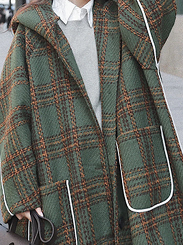 Autumn Winter Long Oversized Warm White Patchwork Plaid Wool Blends Trench Coats Women with Hood Runway Korean Fashion