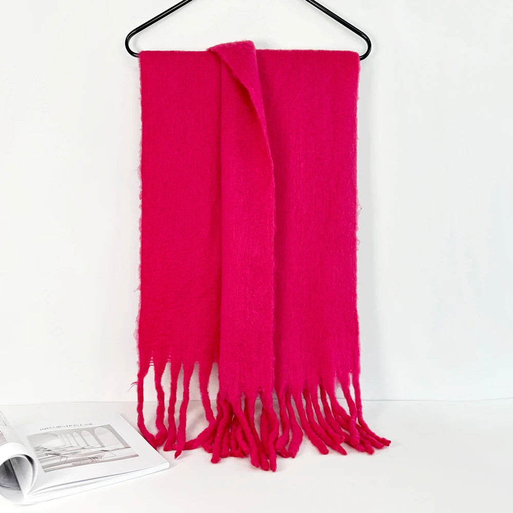 Winter Warm Scarf Women Girl Fashion Solid Color Shawl Stole Faux Cashmere Bandana for Lady 210*40cm Rose Red