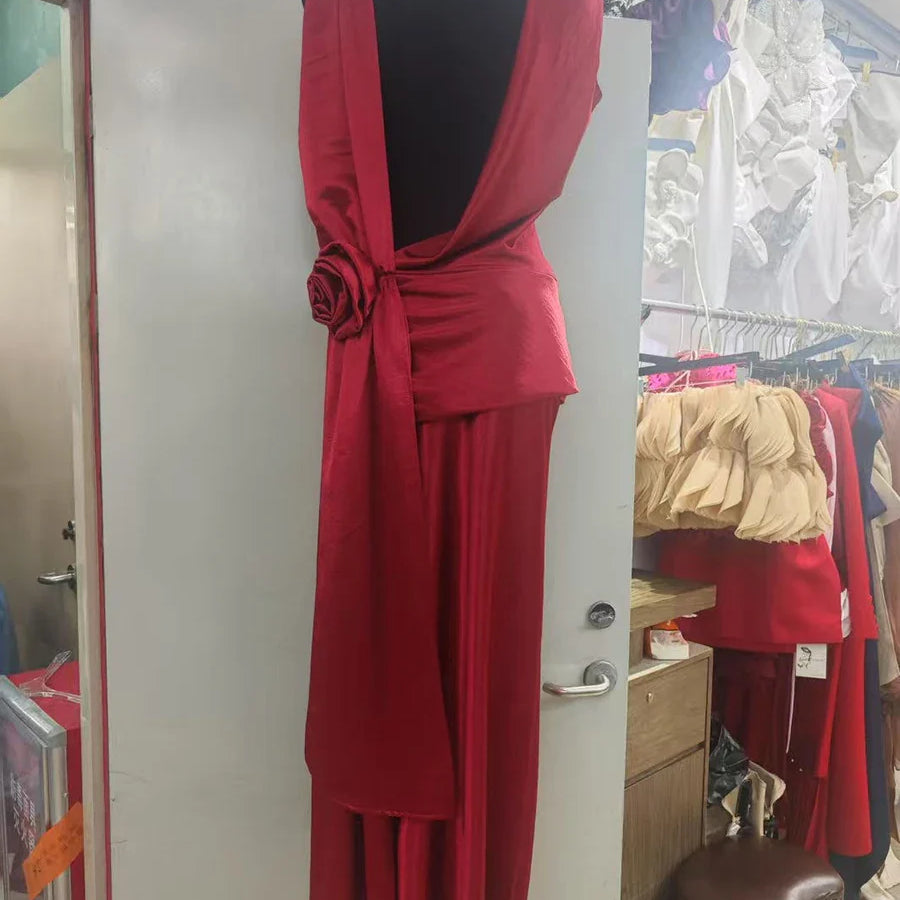 Solid Sliced 3D Flower Split Dresses for Women Swinging Collar Sleeveless Patchwork Folds Backless Dress Female New