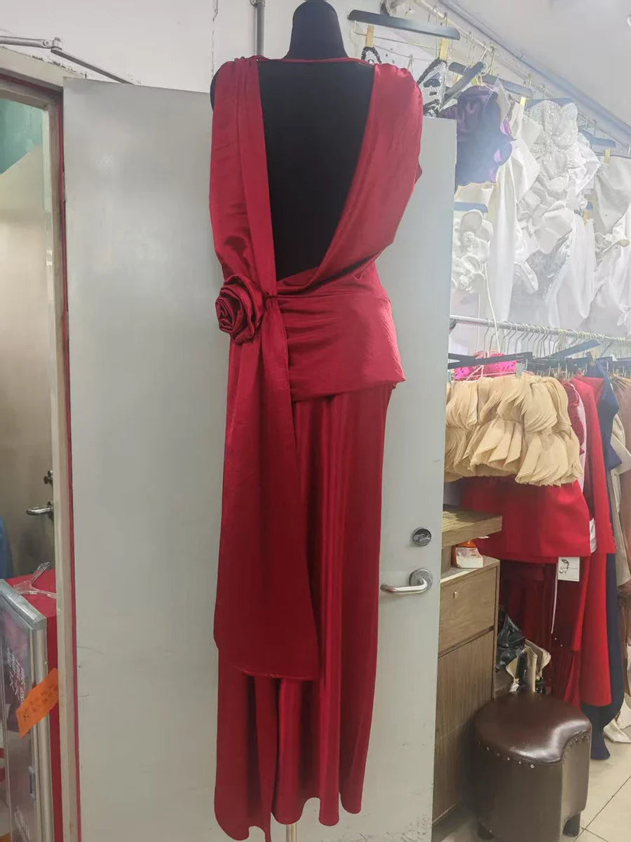 Solid Sliced 3D Flower Split Dresses for Women Swinging Collar Sleeveless Patchwork Folds Backless Dress Female New