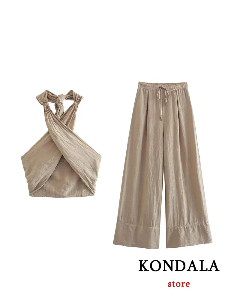 KONDALA Streetwear Khaki Linen Suits Women Sleeveless Halter Sexy Crop Tops Women+High Waist Wide Leg Pants Fashion Sets