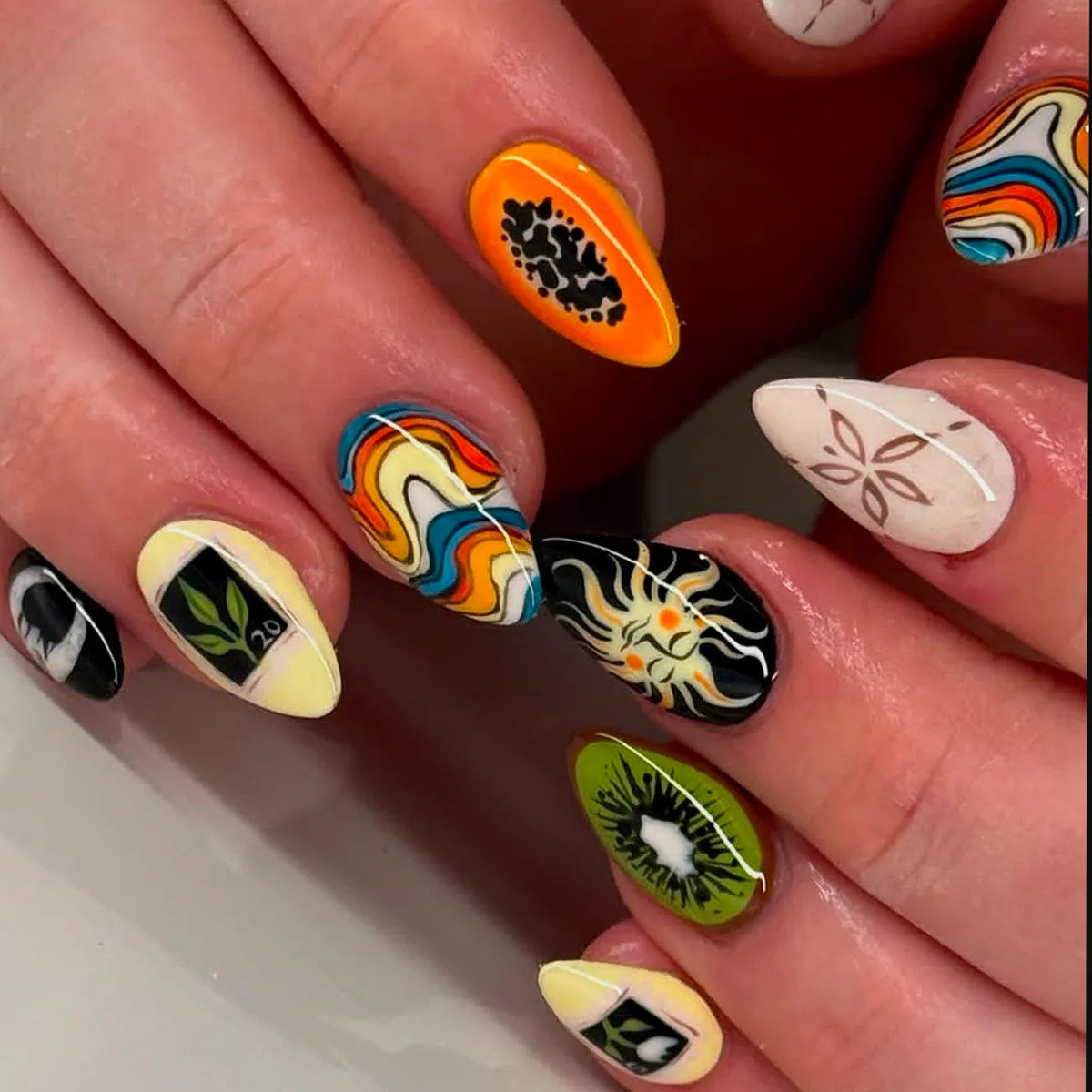 24pcs Gradient Black False Nails Art Y2k Leopard Print Design Long Almond Press on Nails Tips French Round Head Fake Nail Sets