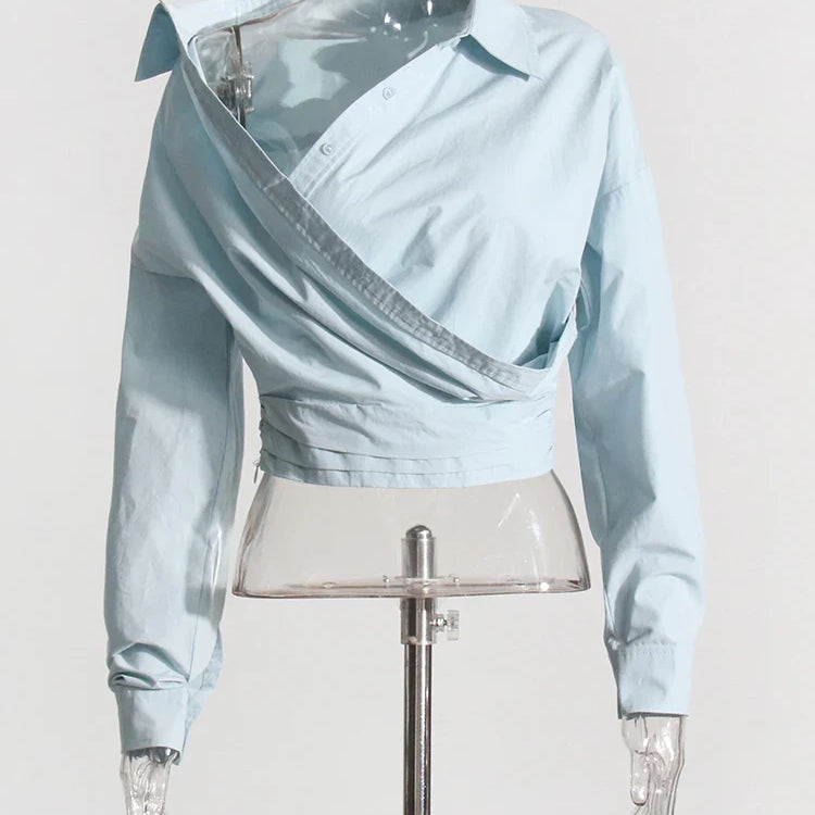 TWOTWINSTYLE Solid Irregular Designer Blouses For Women Lapel Long Sleeve Patchwork Button Casual Blouse Female Fashion Clothing