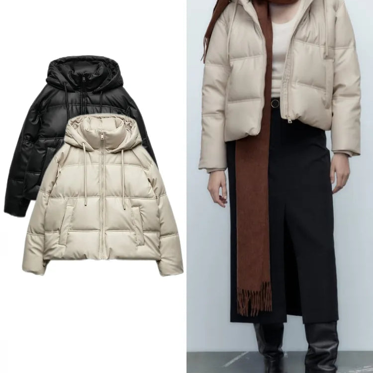 Women's Autumn Winter New Thickened Warm PU Imitation Leather Short Hooded Padded Jacket Top Faux Leather Parka Jacket Coat