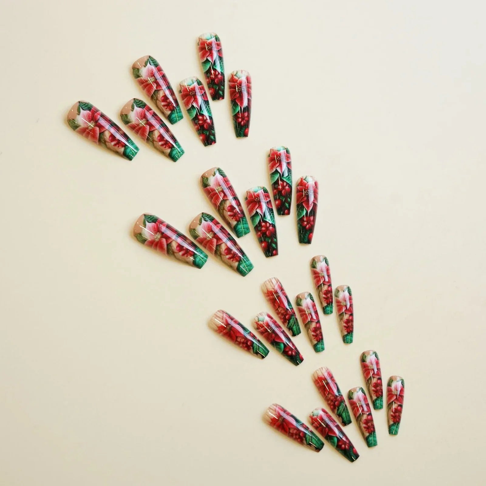 24Pcs Long Coffin Fake Nails Women Chriarmas Party Charm Manicure Full Cover Press On Nails Red Flower Printed Nails Supplies