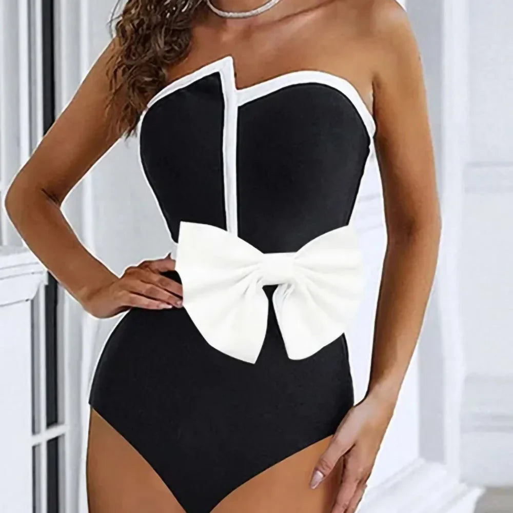 Black & White Spliced Swimsuit Women'S Elegant Tube Top Bow Belt Bikini Irregular Hip Beach Skirt Vintage Pool Swimwear