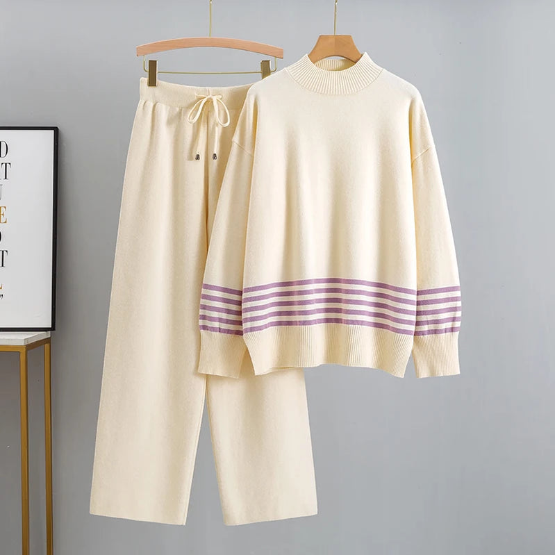 GIGOGOU Euro Designer Autumn Winter Women Sweater Tracksuit 2 piece Set Oversized Ladys Knitwear + Wide Leg Pants Warm Suits color 2 One Size