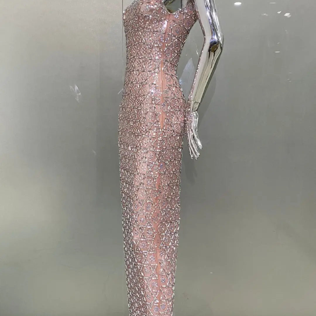 2024 Super Shining Diamonds Sexy Mesh See Through Bodycon Long Dress Fashion Woman Evening Party Dress Stage Performance Costume