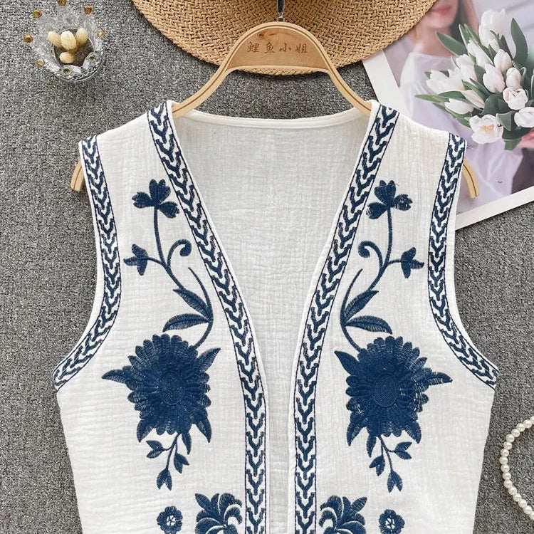 Vintage Floral Embroidery Cardigan Vest Women Summer National Style Ladies Top Patchwork Casual WaistCoat For Female WHITE One Size