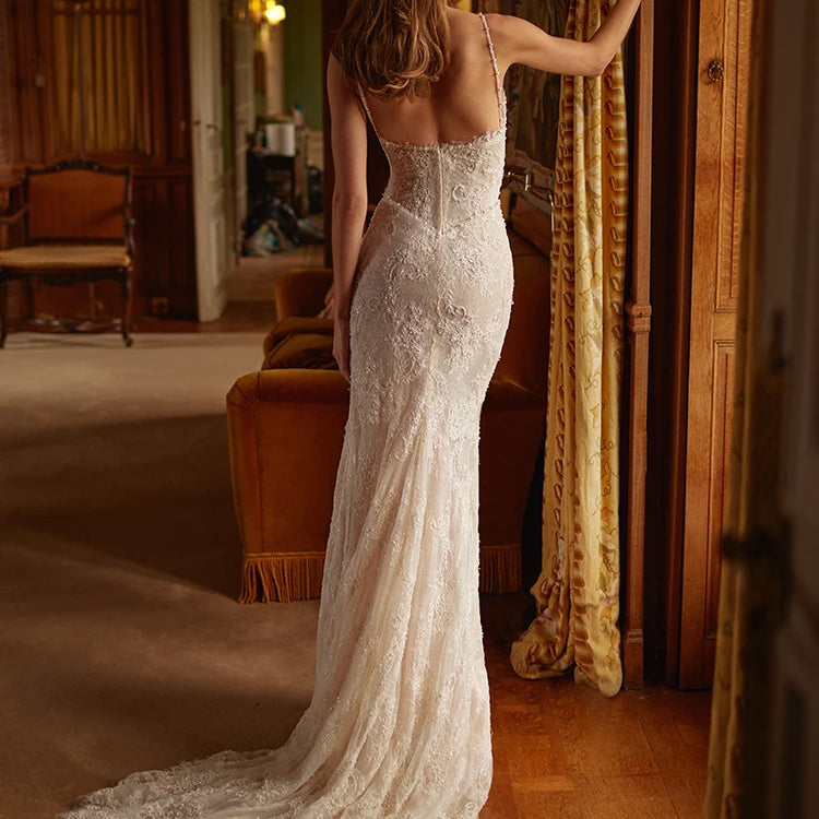 VC Pearls Embellished Mermaid Long Dres Spagetiee Straps Side Split Lace Appliques Sleeveless Party Evening Bridal Wedding Gown